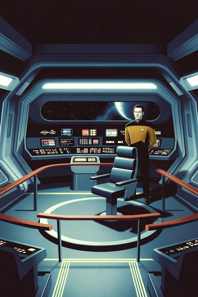 Star Trek Enterprise bridge — Data standing beside the empty captain's chair