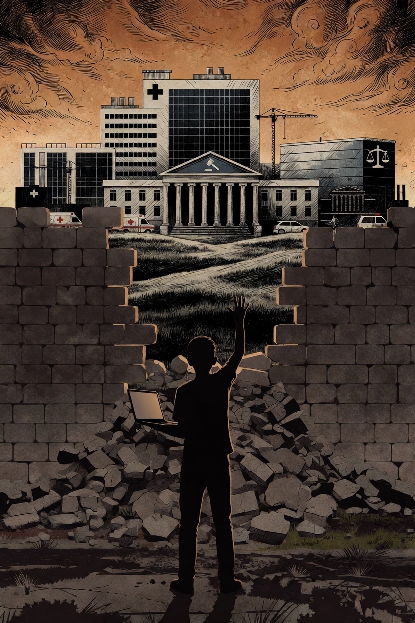 A young figure with a laptop stands at a breach in a stone wall, looking through to a skyline of industries — hospital, courthouse, factory, construction crane