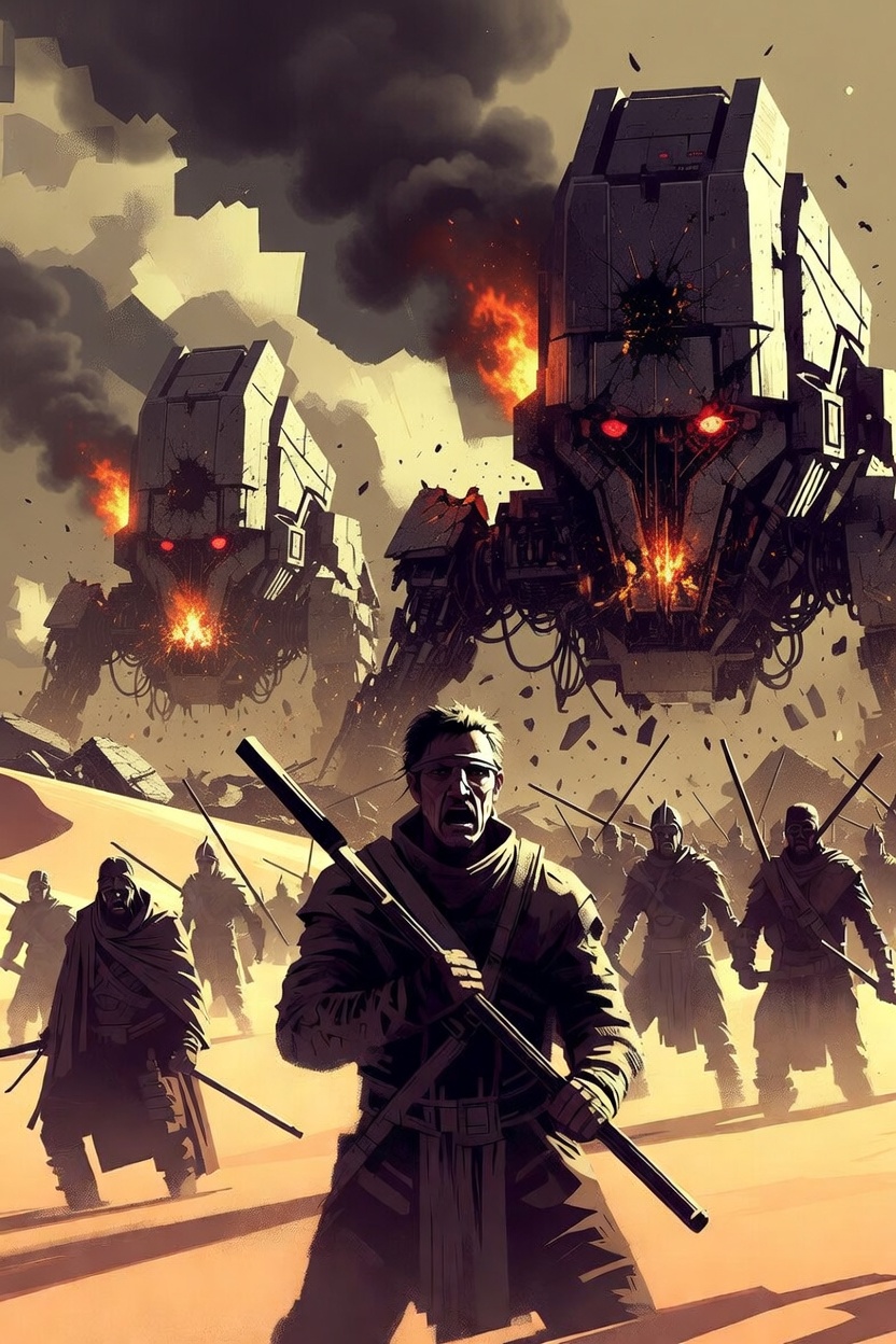 Illustration of Luddite workers confronting towering machines, a modern reimagining of the 1811 uprising