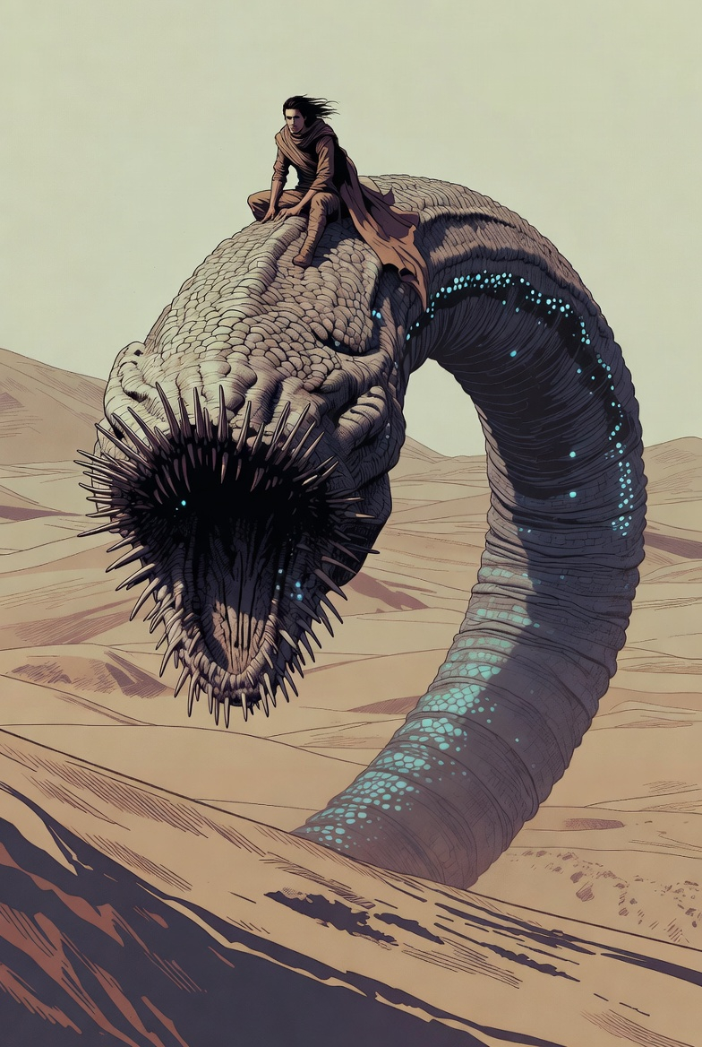 Illustration of a figure riding a giant sandworm across desert dunes