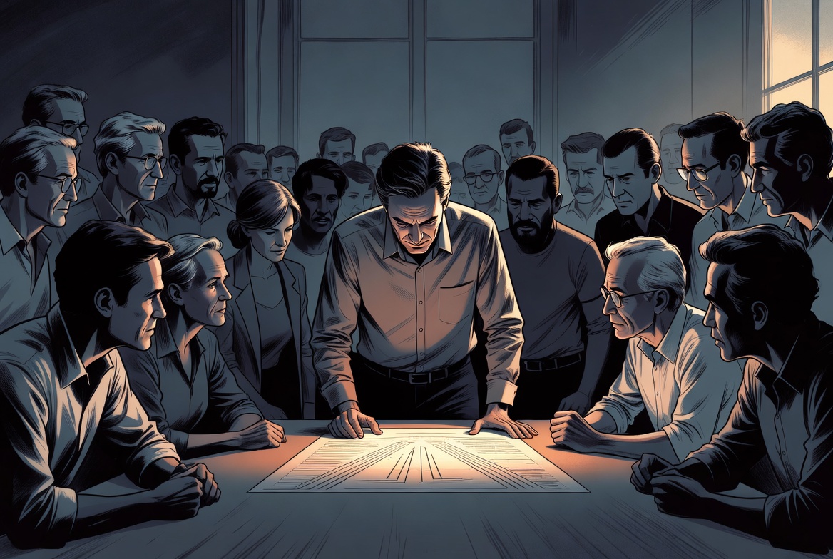 A leader leans over a one-page plan on a table, making the case to a room of skeptical colleagues
